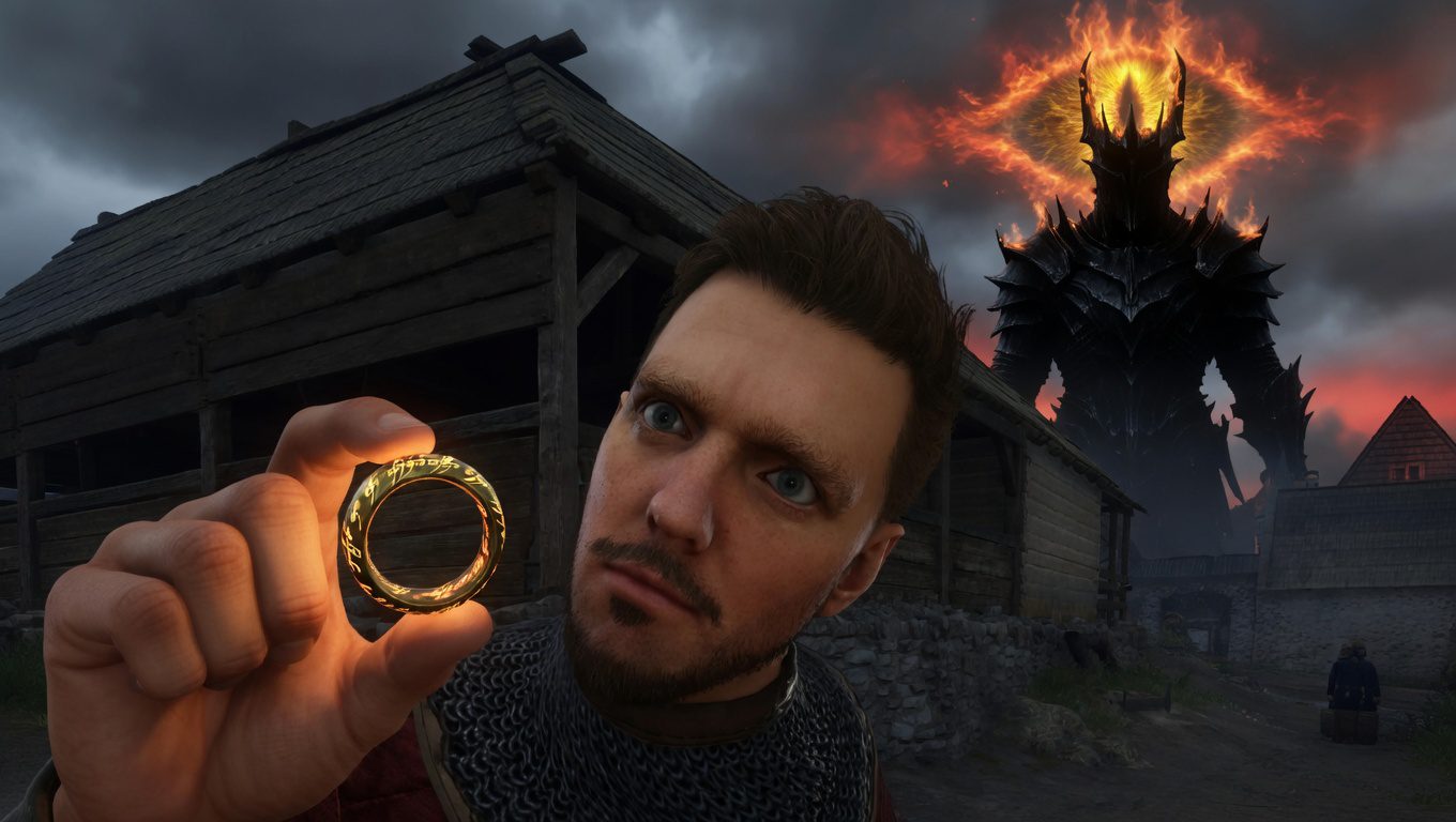 Henry di Skalica protagonista di Kingdom Come Deliverance inserito in un contesto della Terra di Mezzo de Il Signore degli Anelli mentre cinge l'Unico Anello