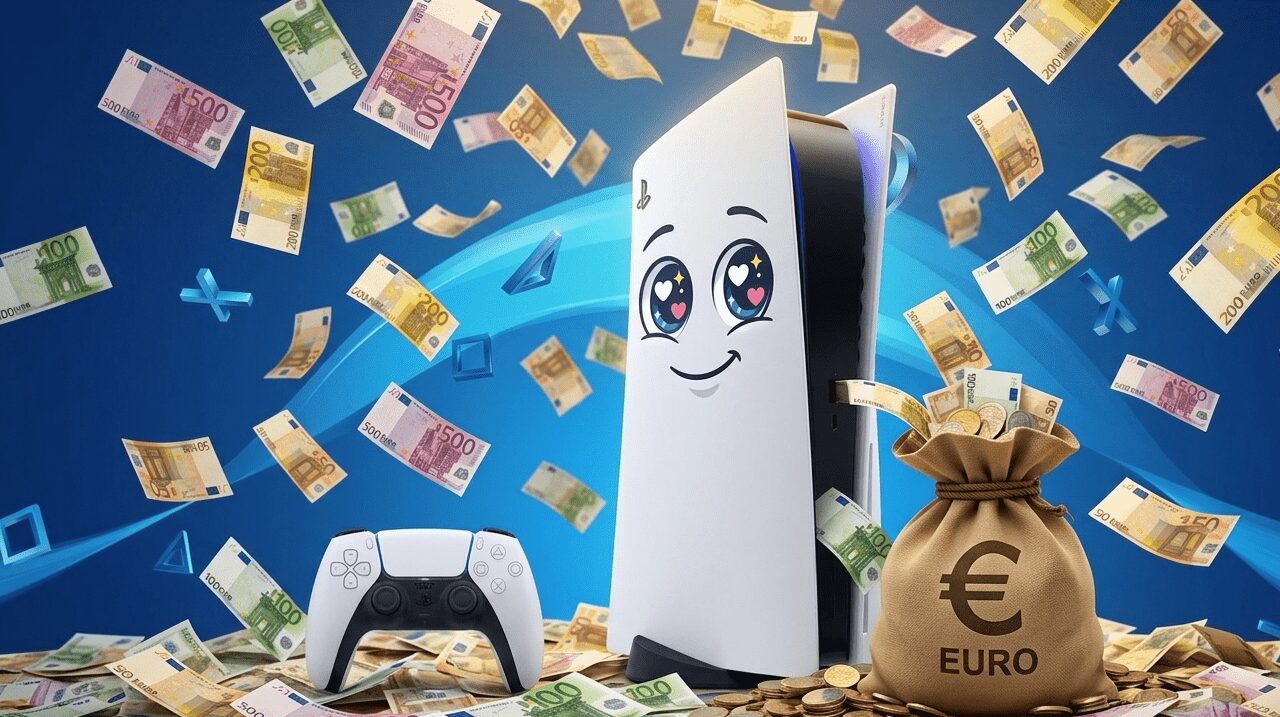 Illustrazione concettuale dei rincari PS5 nel 2026 con banconote e la PlayStation 5 felice di incassarle