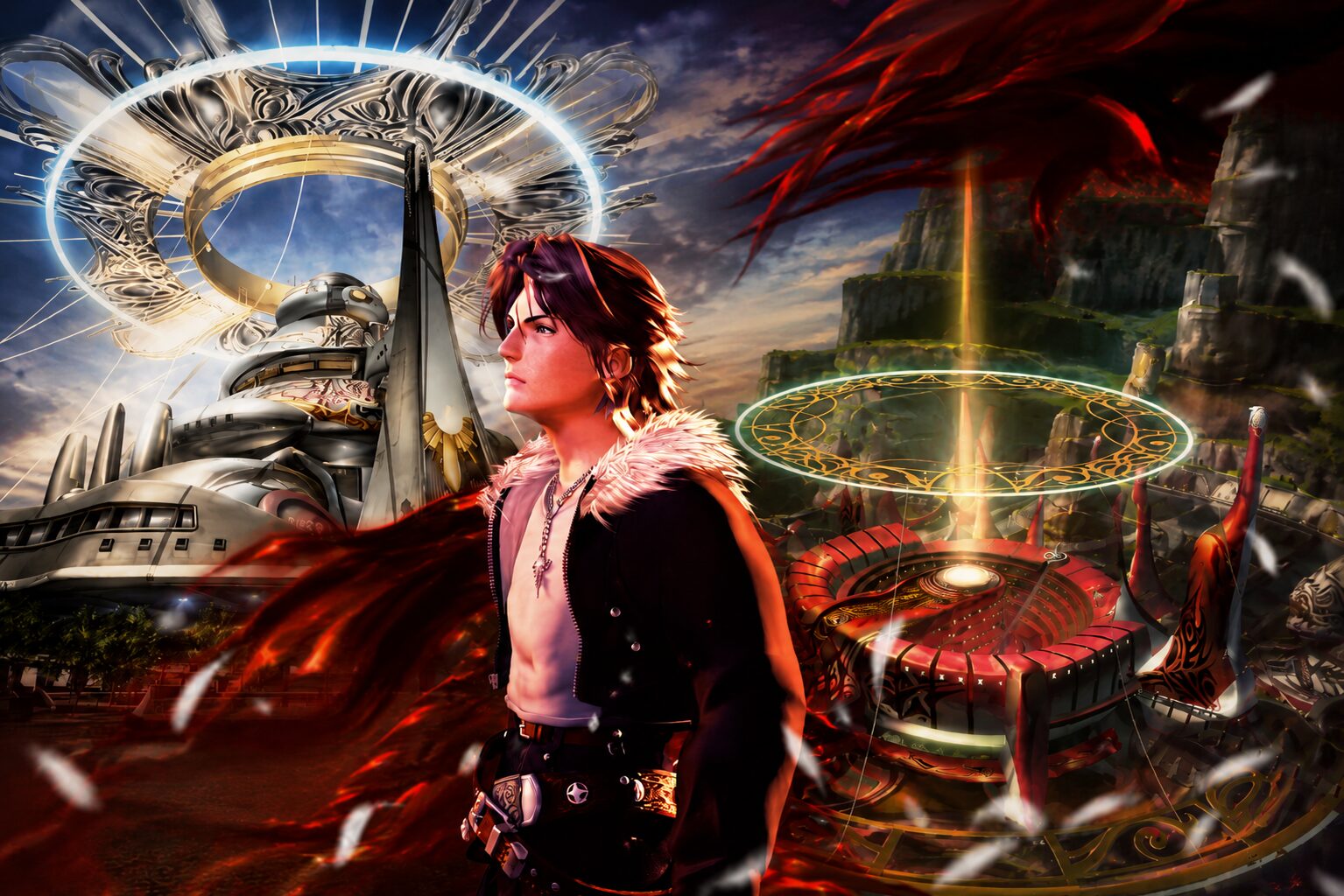 Squall Leonhart al centro di un mashup grafico con i Garden volanti di Balamb e Galbadia sullo sfondo, Final Fantasy VIII.