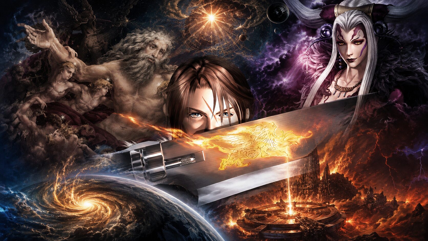 Mashup artistico di Urano, Squall Leonhart e la Strega Artemisia in Final Fantasy VIII