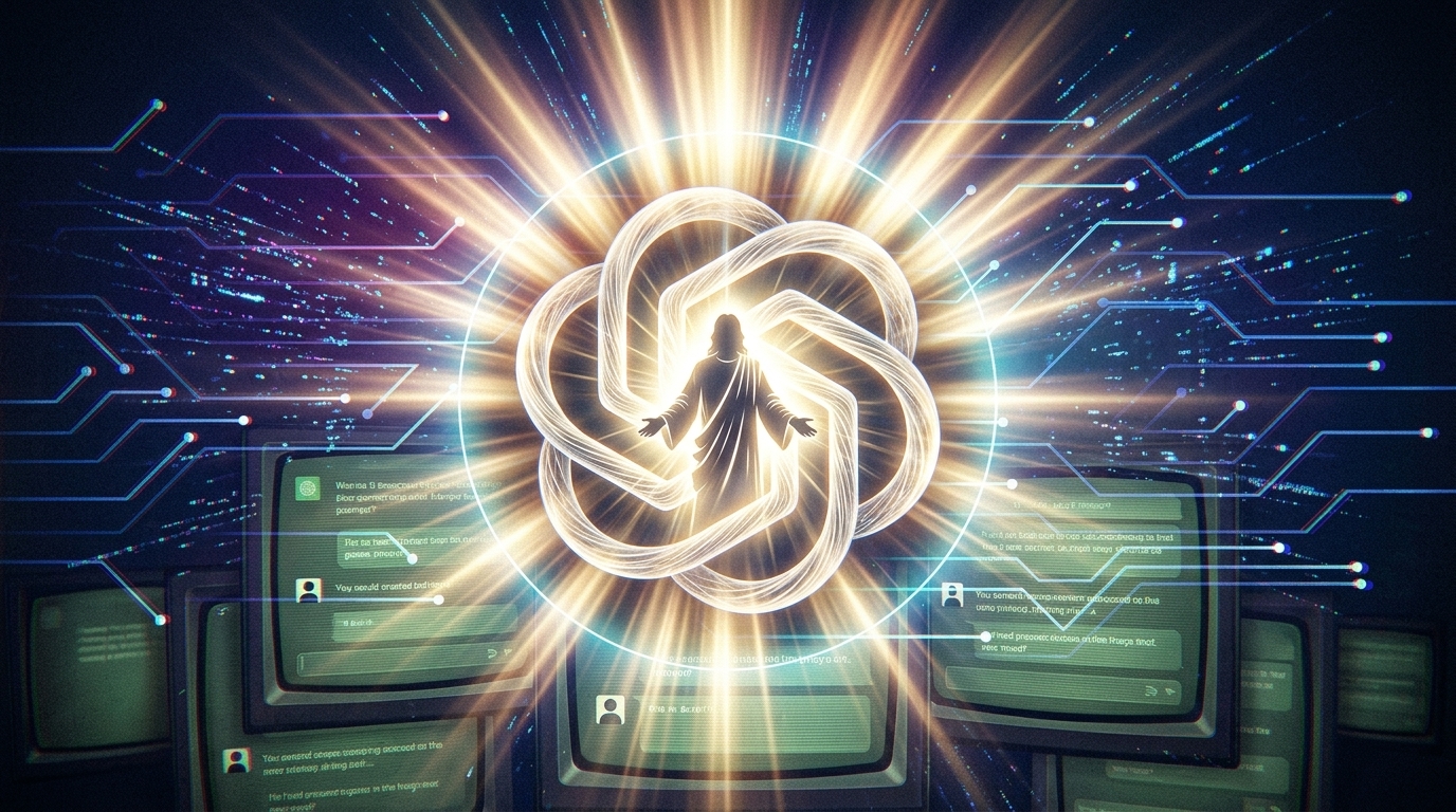 Grafica concettuale che unisce il logo di OpenAI e ChatGPT con elementi figurativi mistici del Messia