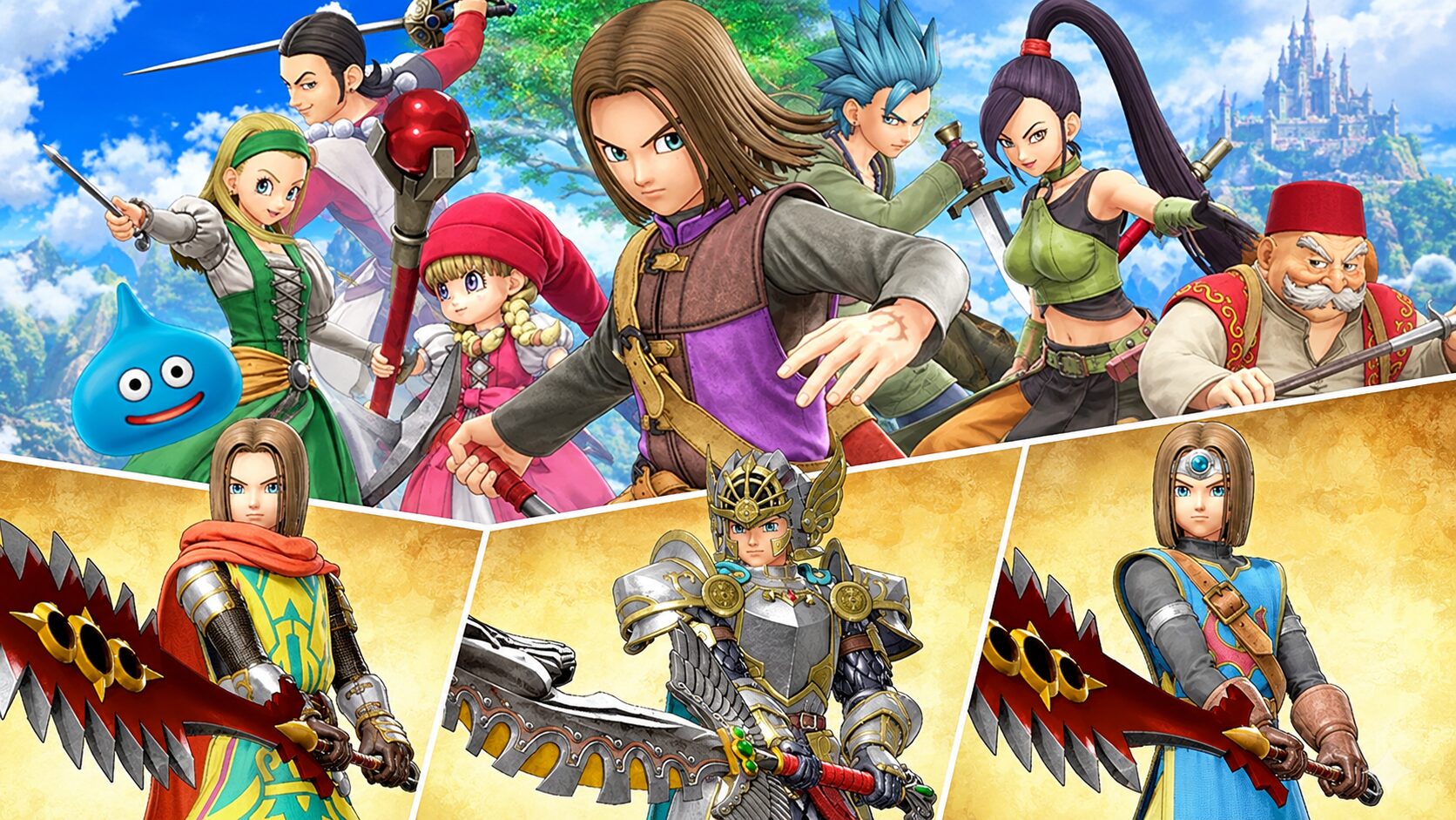 Schermata di copertina della guida ai costumi di Dragon Quest XI S con i personaggi principali