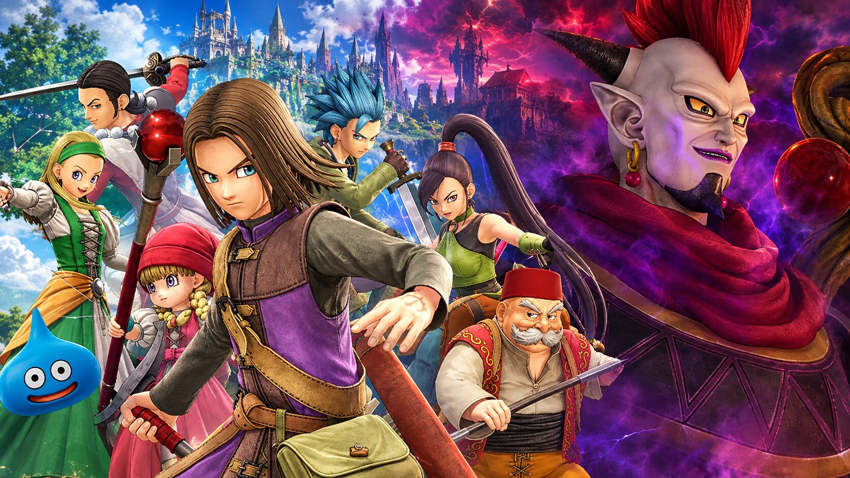 Illustrazione wallpaper di Dragon Quest XI S con l'Eroe e il party