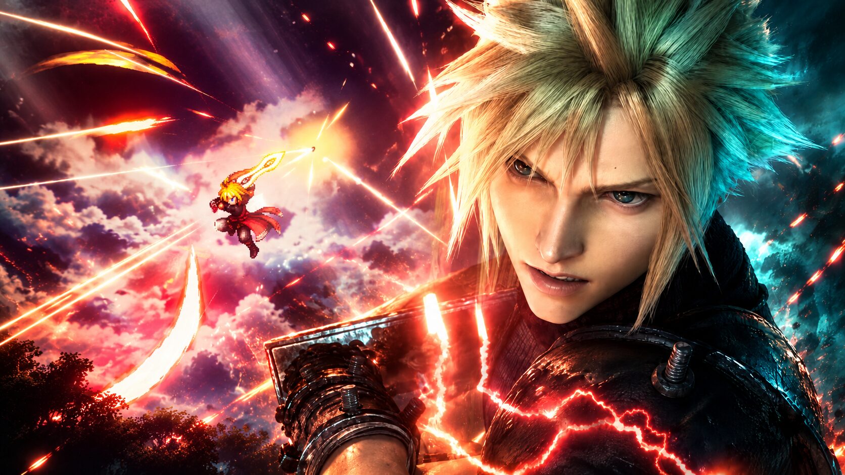 Cloud Strife combatte in uno scontro HD-2D nel crossover Final Fantasy Resonance