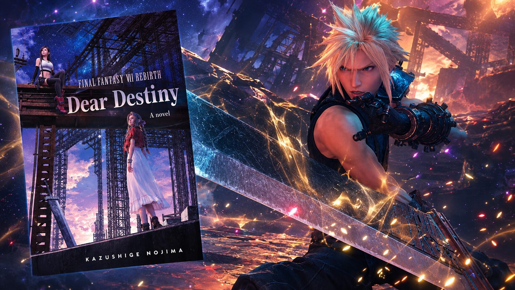 Cloud Strife e copertina del romanzo Final Fantasy VII Rebirth Dear Destiny
