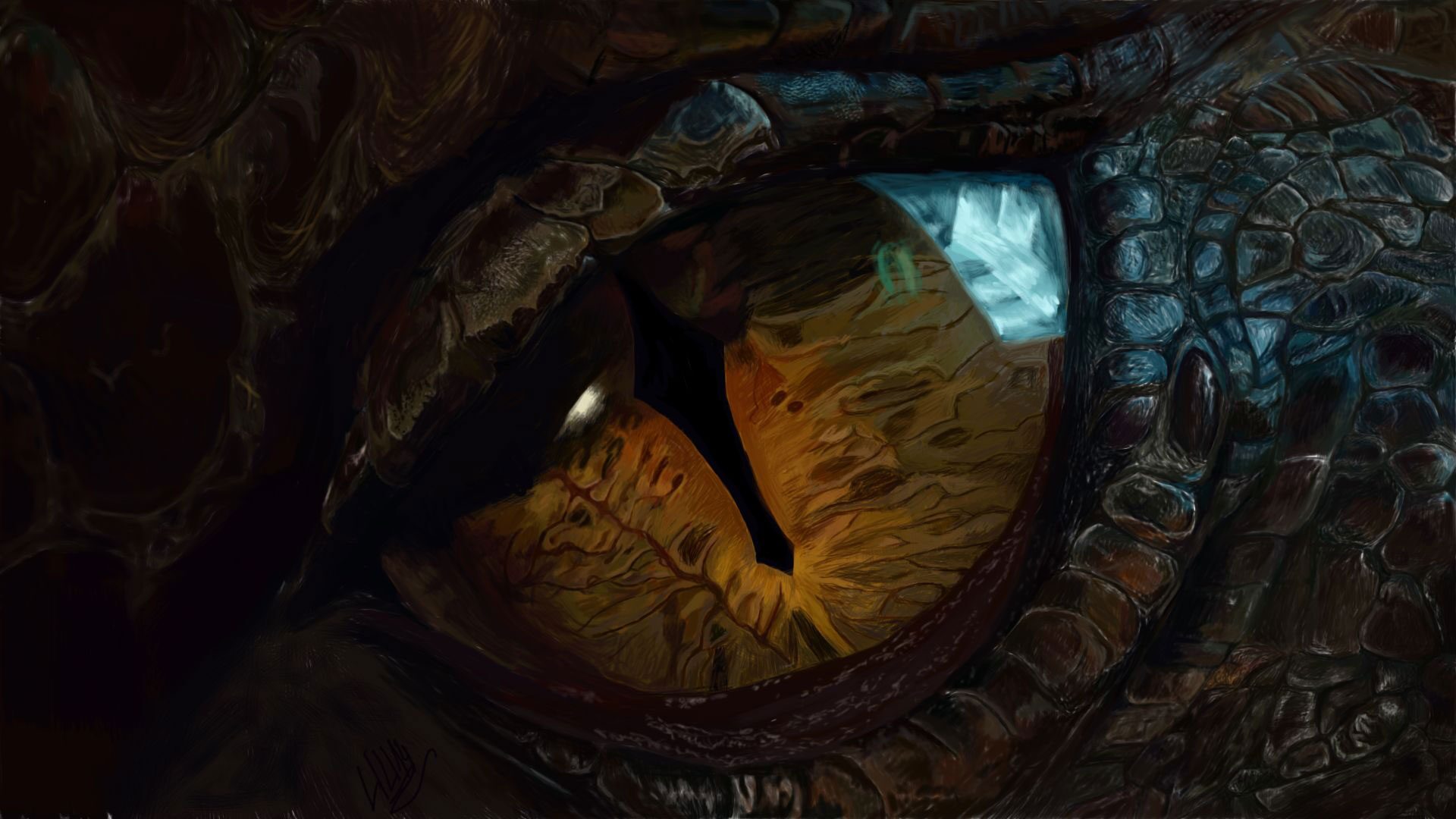 Primo piano dell'occhio del drago Smaug tratto dalla trasposizione cinematografica de Lo Hobbit